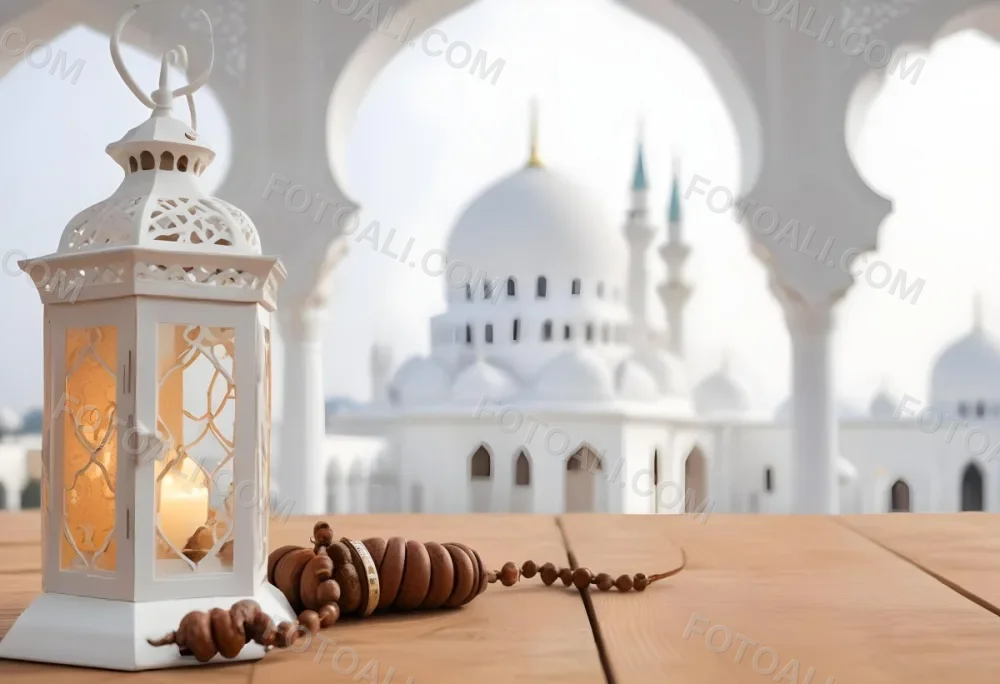 A Lantern And A Tasbih On A Wooden Table In The Background A Mosque With White Arches 6 18f9