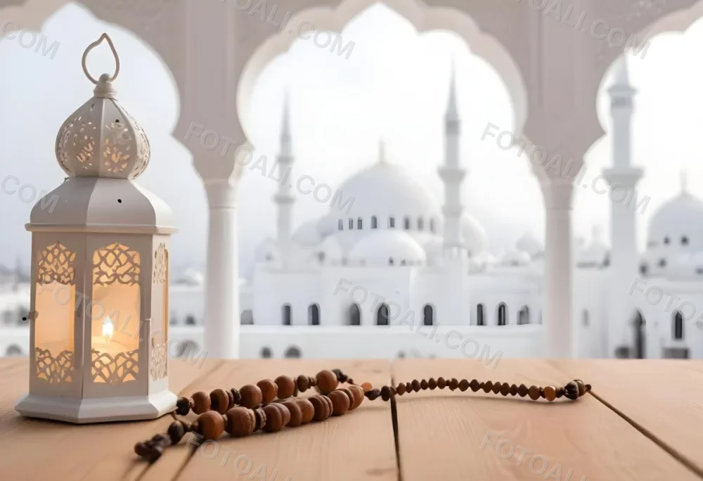A Lantern And A Tasbih On A Wooden Table In The Background A Mosque With White Arches 7 8afd