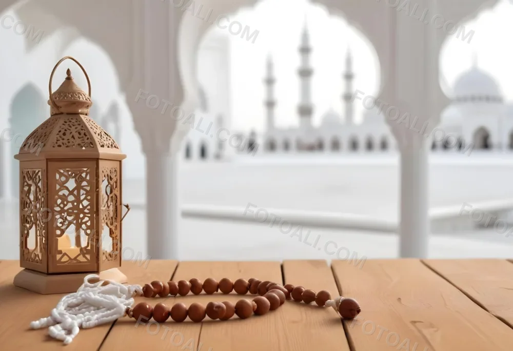 A Lantern And A Tasbih On A Wooden Table In The Background A Mosque With White Arches 8 E919