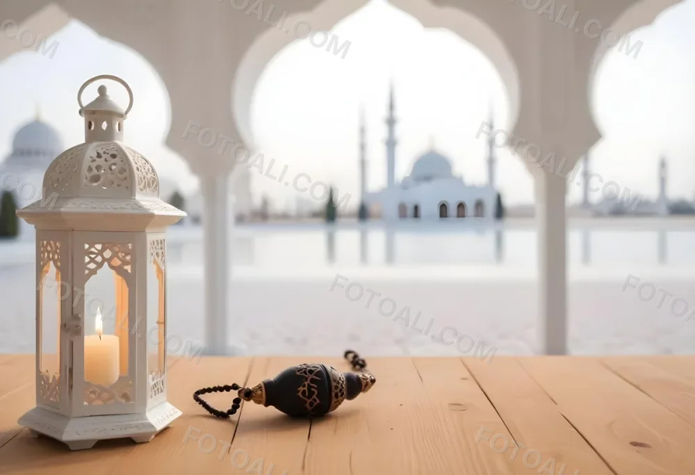 A Lantern And A Tasbih On A Wooden Table In The Background A Mosque With White Arches 9 0c46
