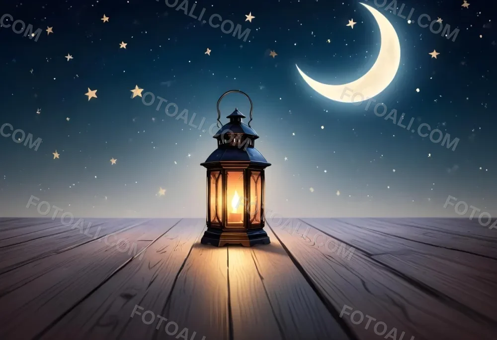 A Lantern On A Wooden Floor With A Crescent Moon And Stars In The Background The Lantern Is Lit And Casting A Warm Glow 11 De6a