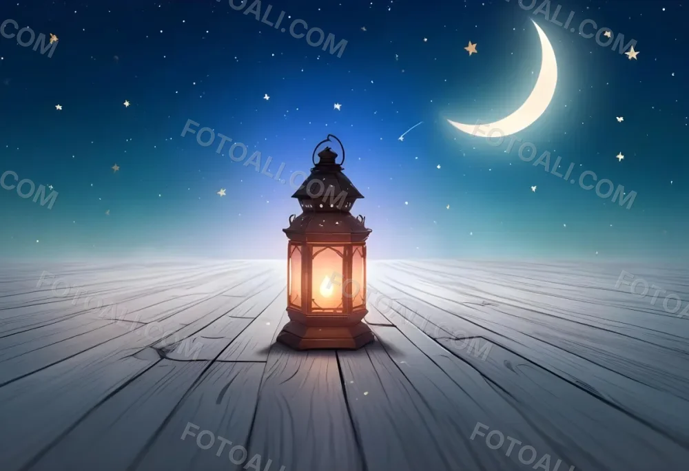 A Lantern On A Wooden Floor With A Crescent Moon And Stars In The Background The Lantern Is Lit And Casting A Warm Glow 15 3f47
