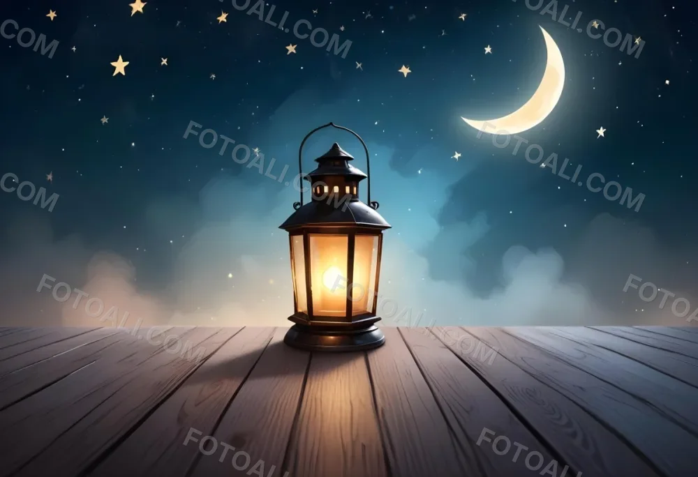 A Lantern On A Wooden Floor With A Crescent Moon And Stars In The Background The Lantern Is Lit And Casting A Warm Glow 16 4528