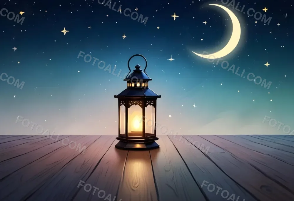 A Lantern On A Wooden Floor With A Crescent Moon And Stars In The Background The Lantern Is Lit And Casting A Warm Glow 17 0f13