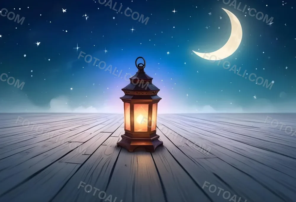 A Lantern On A Wooden Floor With A Crescent Moon And Stars In The Background The Lantern Is Lit And Casting A Warm Glow 20 3c39