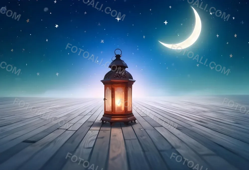 A Lantern On A Wooden Floor With A Crescent Moon And Stars In The Background The Lantern Is Lit And Casting A Warm Glow 28 Ffd1