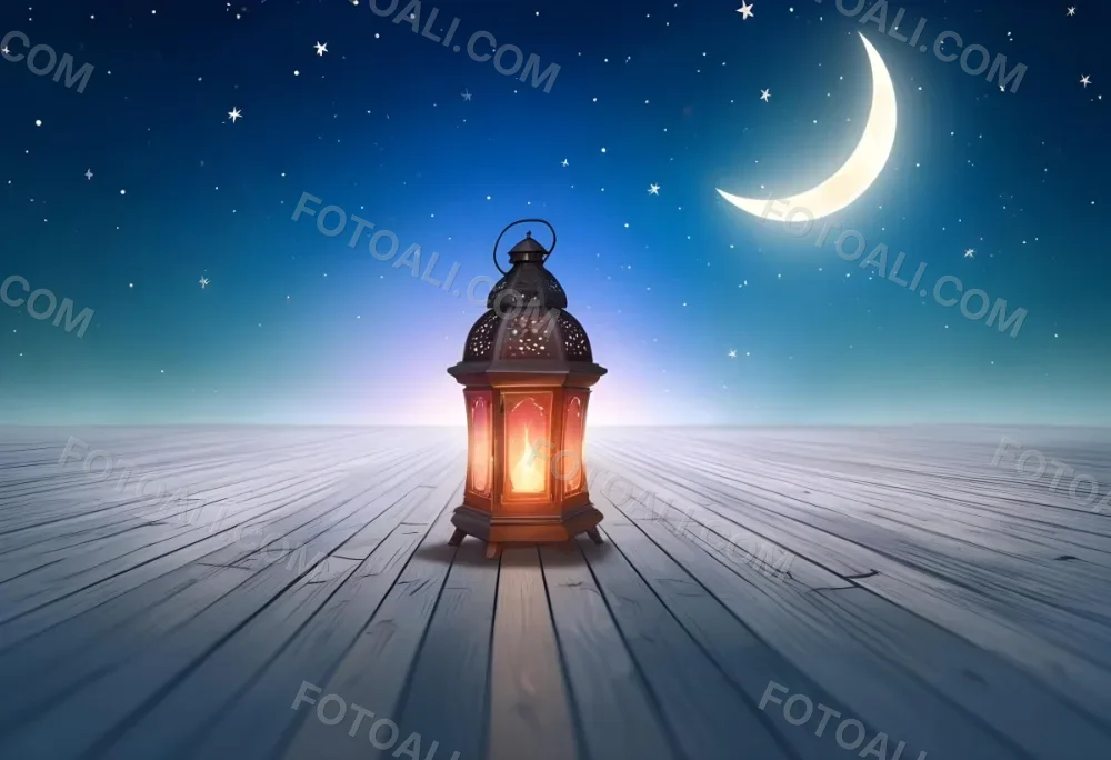 A Lantern On A Wooden Floor With A Crescent Moon And Stars In The Background The Lantern Is Lit And Casting A Warm Glow 31 992e