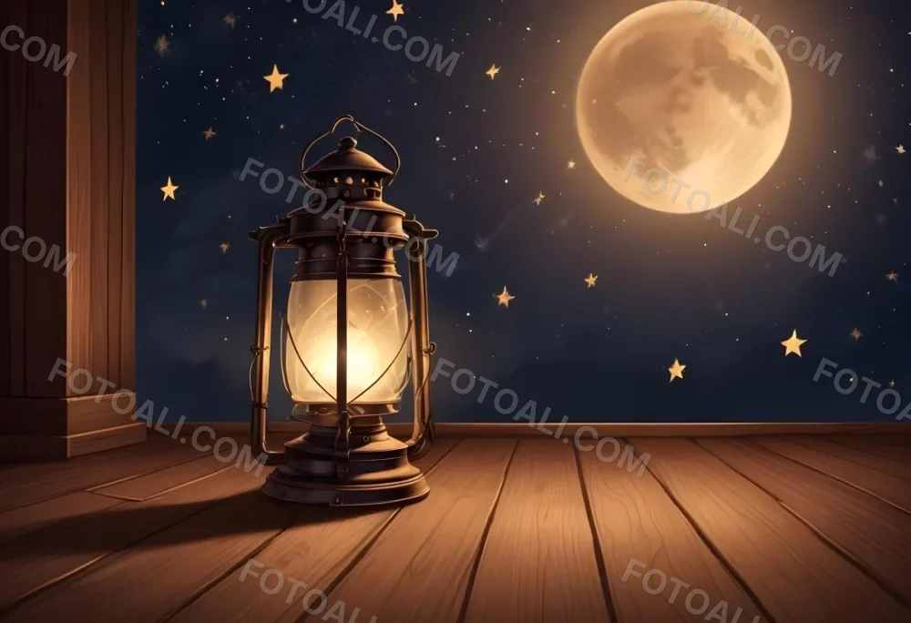 A Lantern On A Wooden Floor With A Crescent Moon And Stars In The Background The Lantern Is Lit And Casting A Warm Glow 37 Daa8