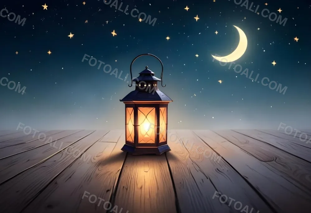 A Lantern On A Wooden Floor With A Crescent Moon And Stars In The Background The Lantern Is Lit And Casting A Warm Glow 41 5175