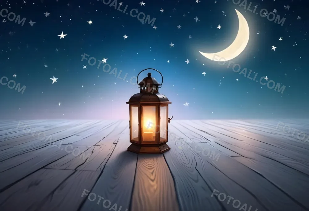 A Lantern On A Wooden Floor With A Crescent Moon And Stars In The Background The Lantern Is Lit And Casting A Warm Glow 42 7e20
