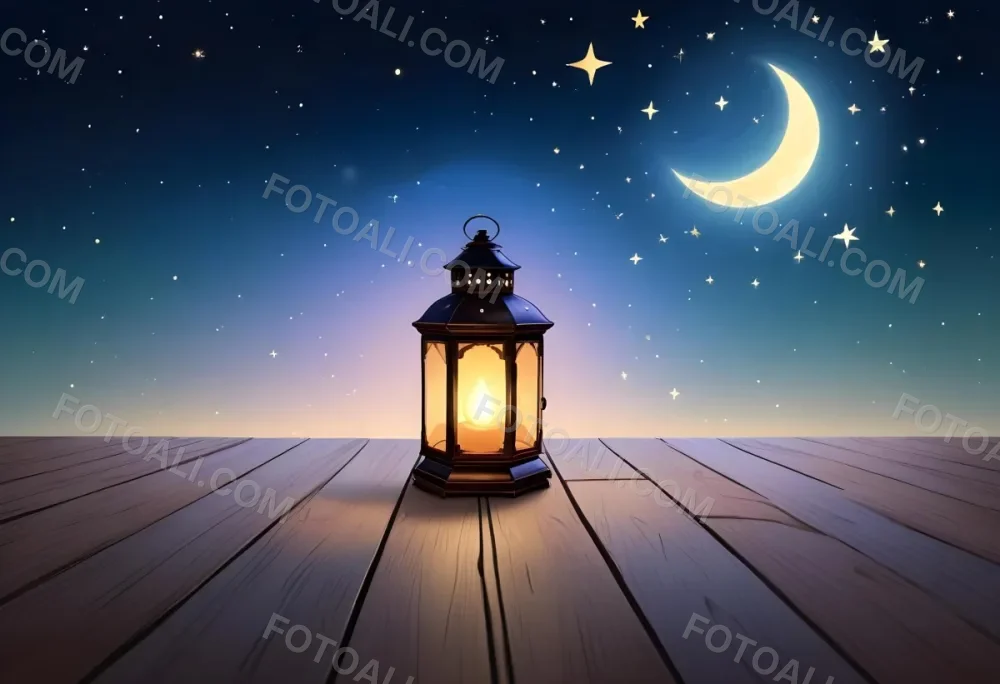 A Lantern On A Wooden Floor With A Crescent Moon And Stars In The Background The Lantern Is Lit And Casting A Warm Glow 43 40fa