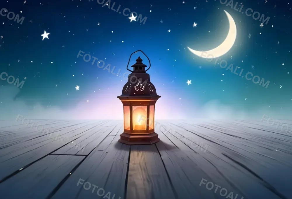 A Lantern On A Wooden Floor With A Crescent Moon And Stars In The Background The Lantern Is Lit And Casting A Warm Glow 44 A83b