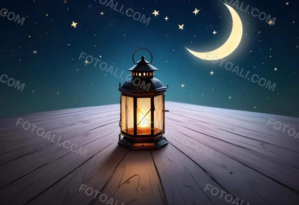 A Lantern On A Wooden Floor With A Crescent Moon And Stars In The Background The Lantern Is Lit And Casting A Warm Glow 45 2941