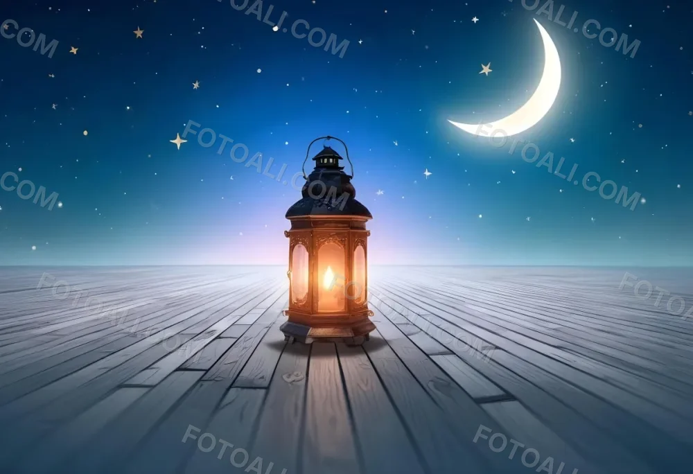 A Lantern On A Wooden Floor With A Crescent Moon And Stars In The Background The Lantern Is Lit And Casting A Warm Glow 46 2c06