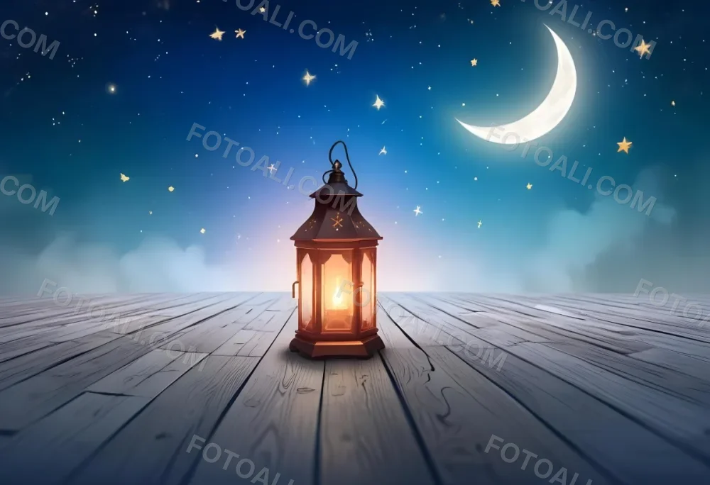 A Lantern On A Wooden Floor With A Crescent Moon And Stars In The Background The Lantern Is Lit And Casting A Warm Glow 5 36bc