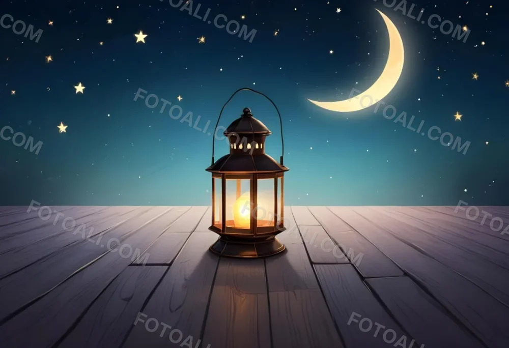 A Lantern On A Wooden Floor With A Crescent Moon And Stars In The Background The Lantern Is Lit And Casting A Warm Glow 6 Ef91