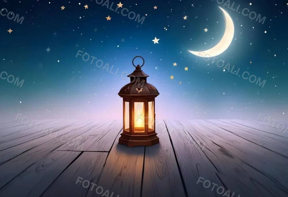 A Lantern On A Wooden Floor With A Crescent Moon And Stars In The Background The Lantern Is Lit And Casting A Warm Glow 7 D2fa