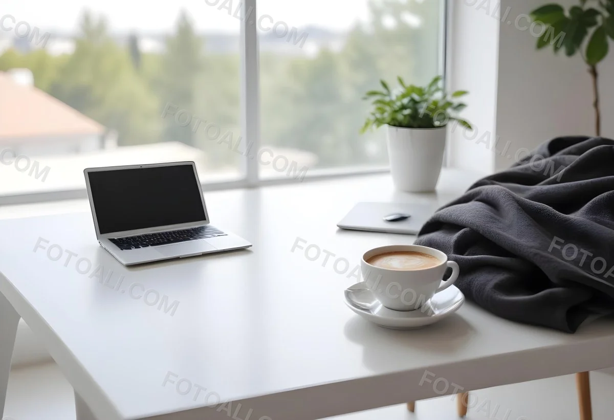 A Laptop And A Cup Of Coffee On A White Table In A Bright Environment With A Blurred Background 13 830d