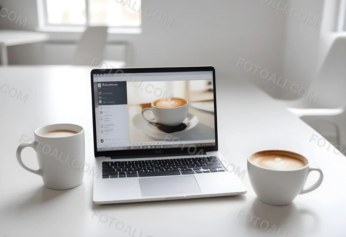 A Laptop And A Cup Of Coffee On A White Table In A Bright Environment With A Blurred Background 14 0eff