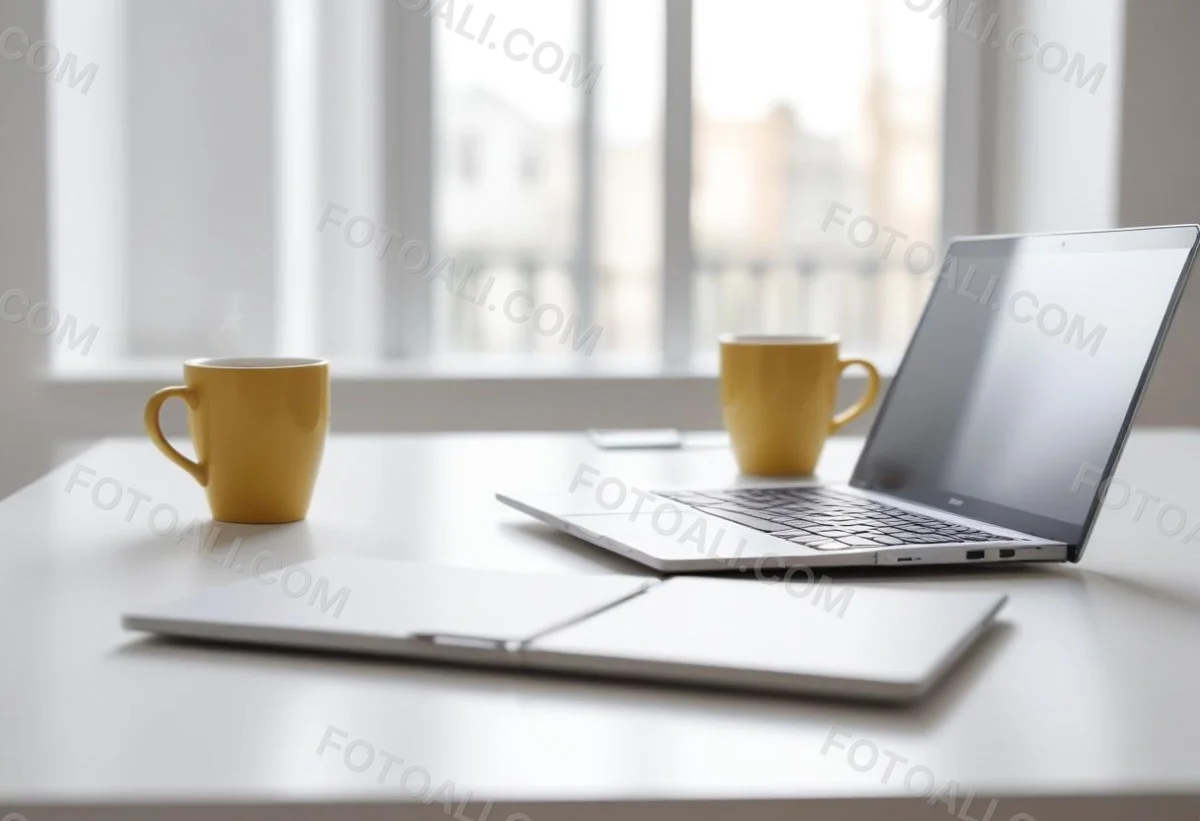 A Laptop And A Cup Of Coffee On A White Table In A Bright Environment With A Blurred Background 21 65d0