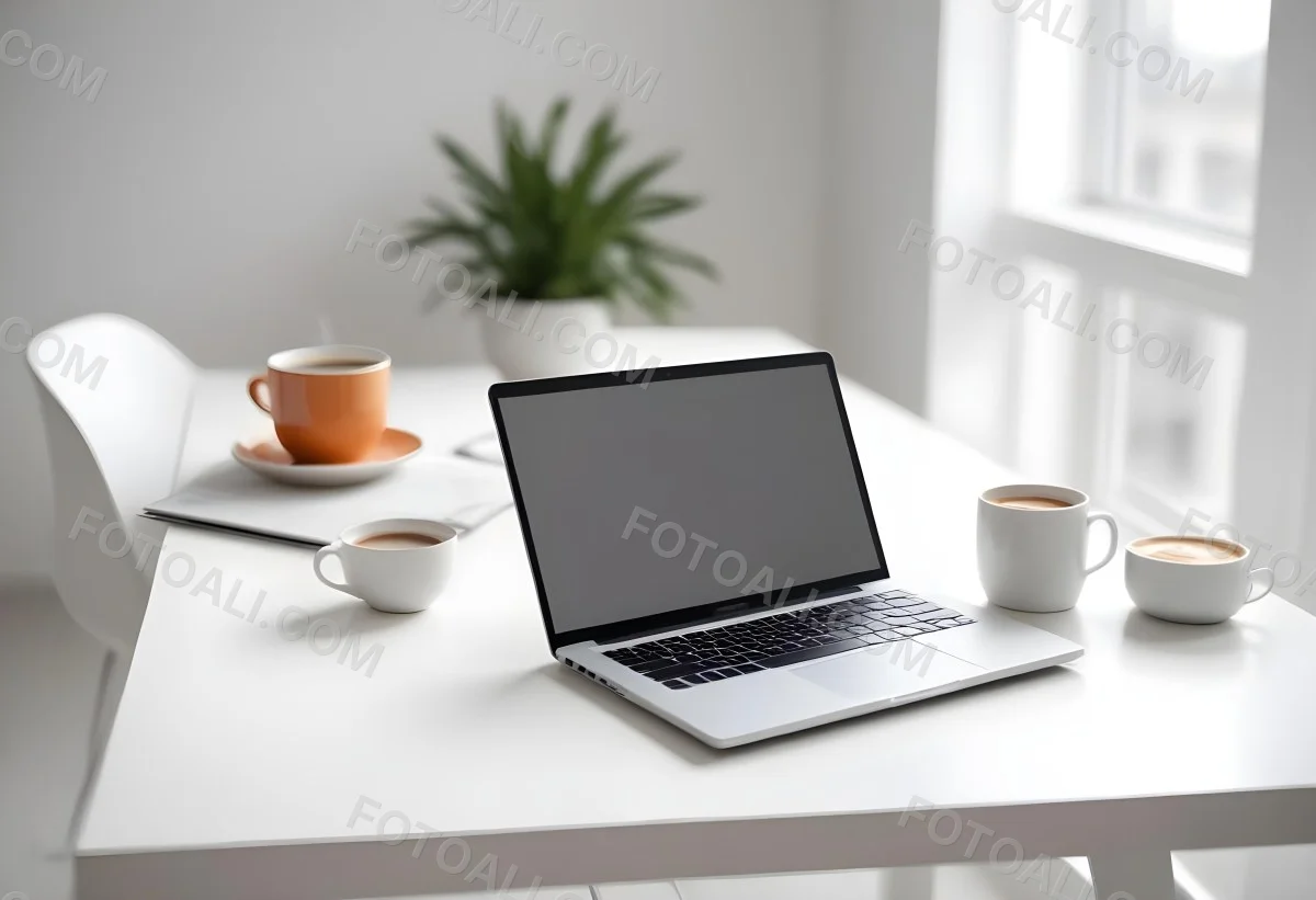 A Laptop And A Cup Of Coffee On A White Table In A Bright Environment With A Blurred Background 23 54d6