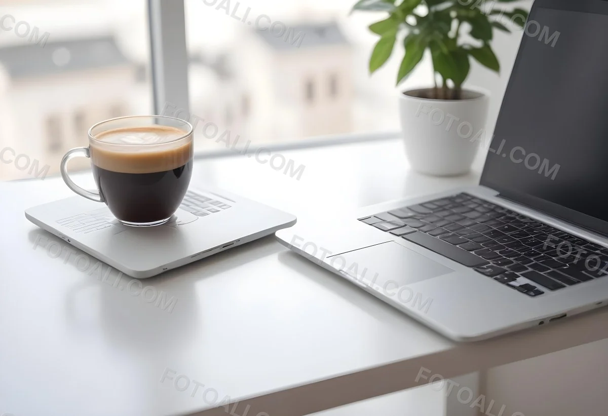 A Laptop And A Cup Of Coffee On A White Table In A Bright Environment With A Blurred Background 29 1953