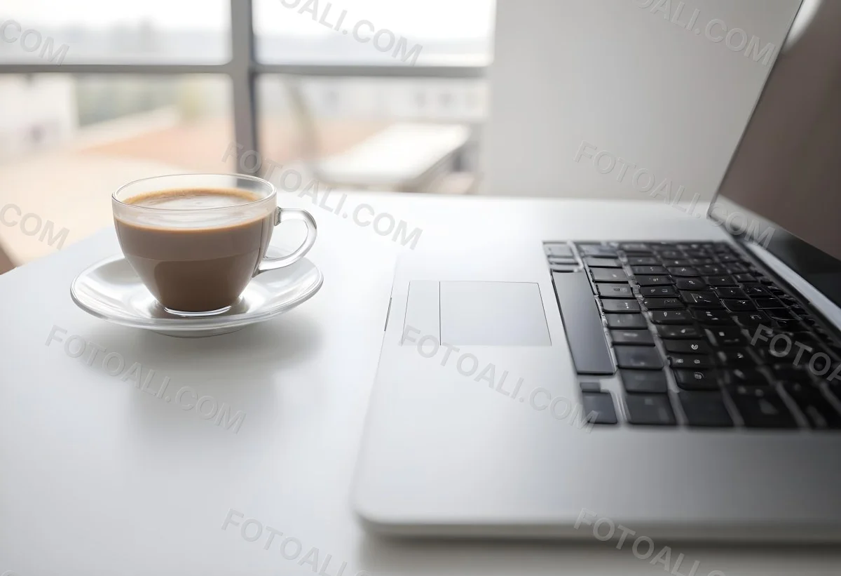 A Laptop And A Cup Of Coffee On A White Table In A Bright Environment With A Blurred Background 3 6785
