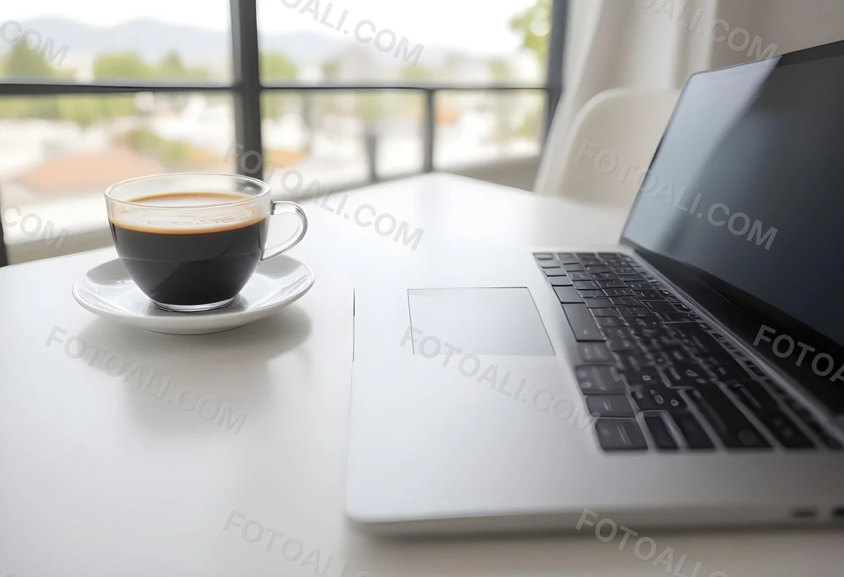 A Laptop And A Cup Of Coffee On A White Table In A Bright Environment With A Blurred Background 30 7a9e