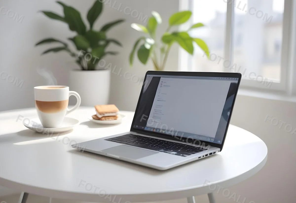 A Laptop And A Cup Of Coffee On A White Table In A Bright Environment With A Blurred Background 31 B715