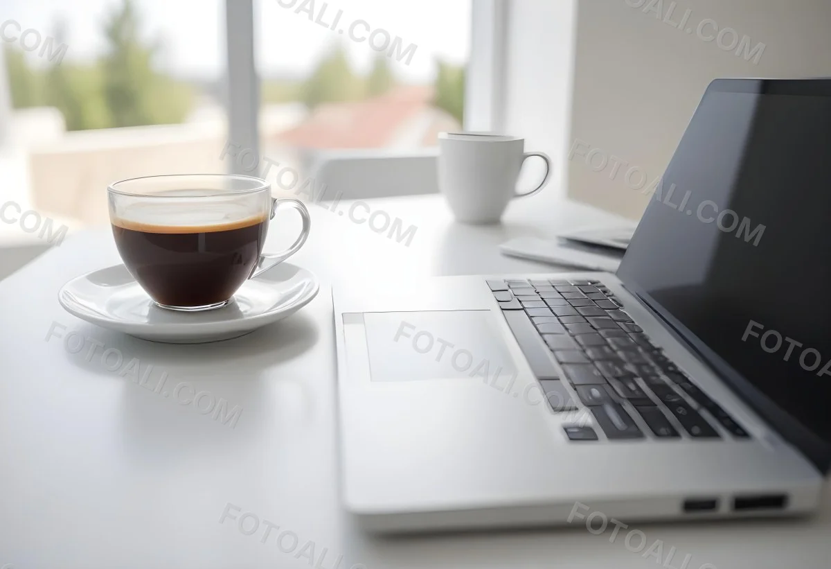 A Laptop And A Cup Of Coffee On A White Table In A Bright Environment With A Blurred Background 32 C2b9