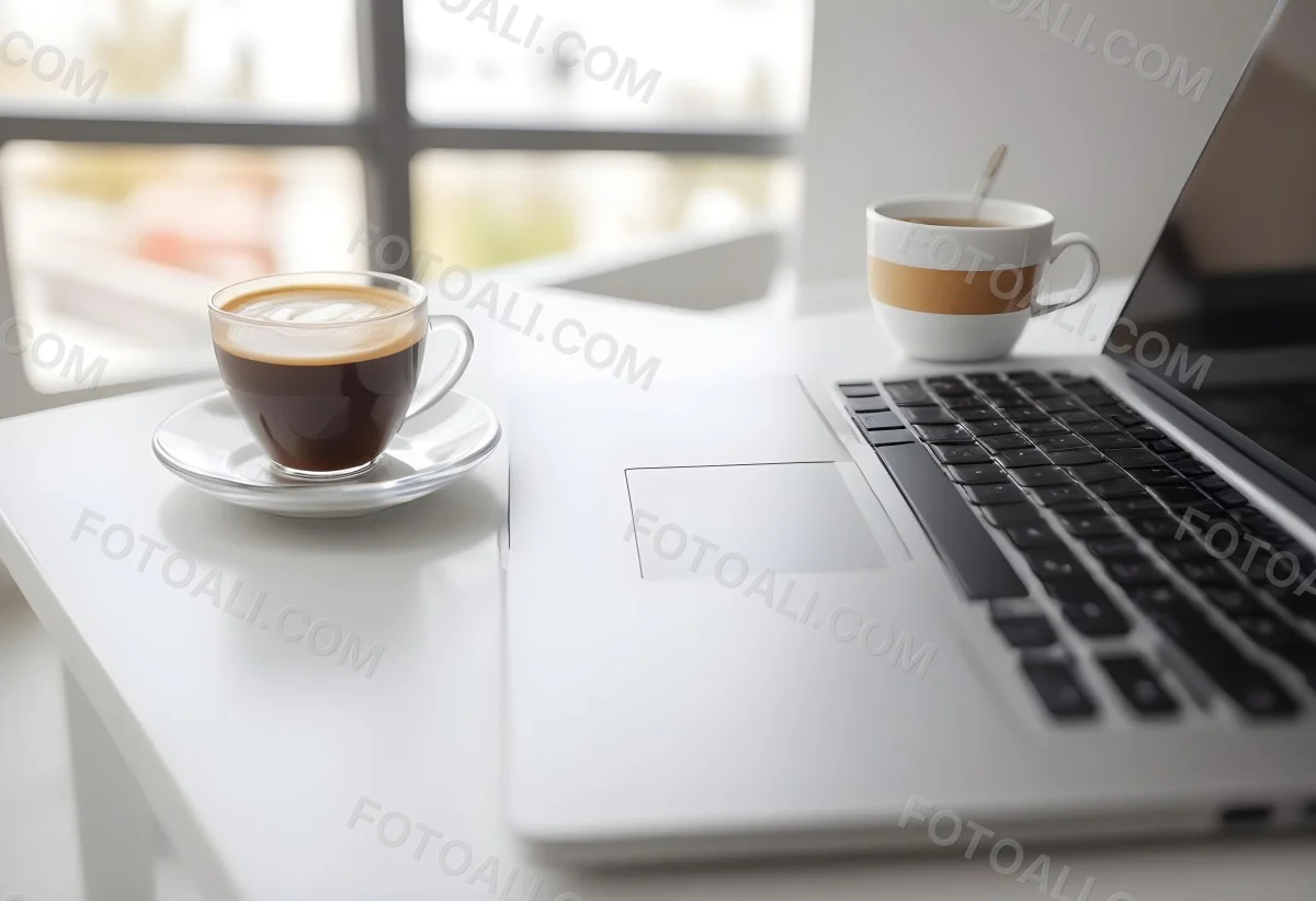 A Laptop And A Cup Of Coffee On A White Table In A Bright Environment With A Blurred Background 34 3c37