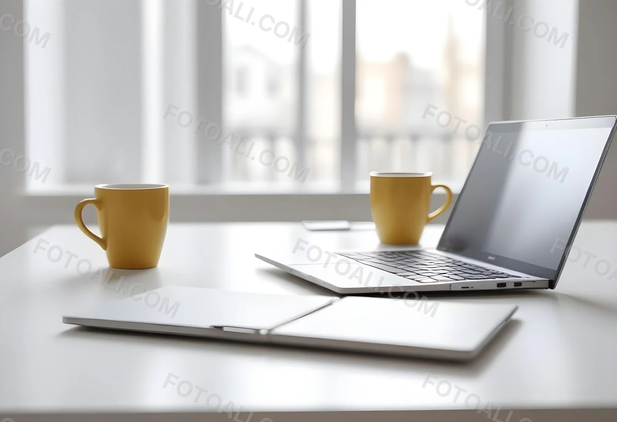 A Laptop And A Cup Of Coffee On A White Table In A Bright Environment With A Blurred Background 4 Cb04