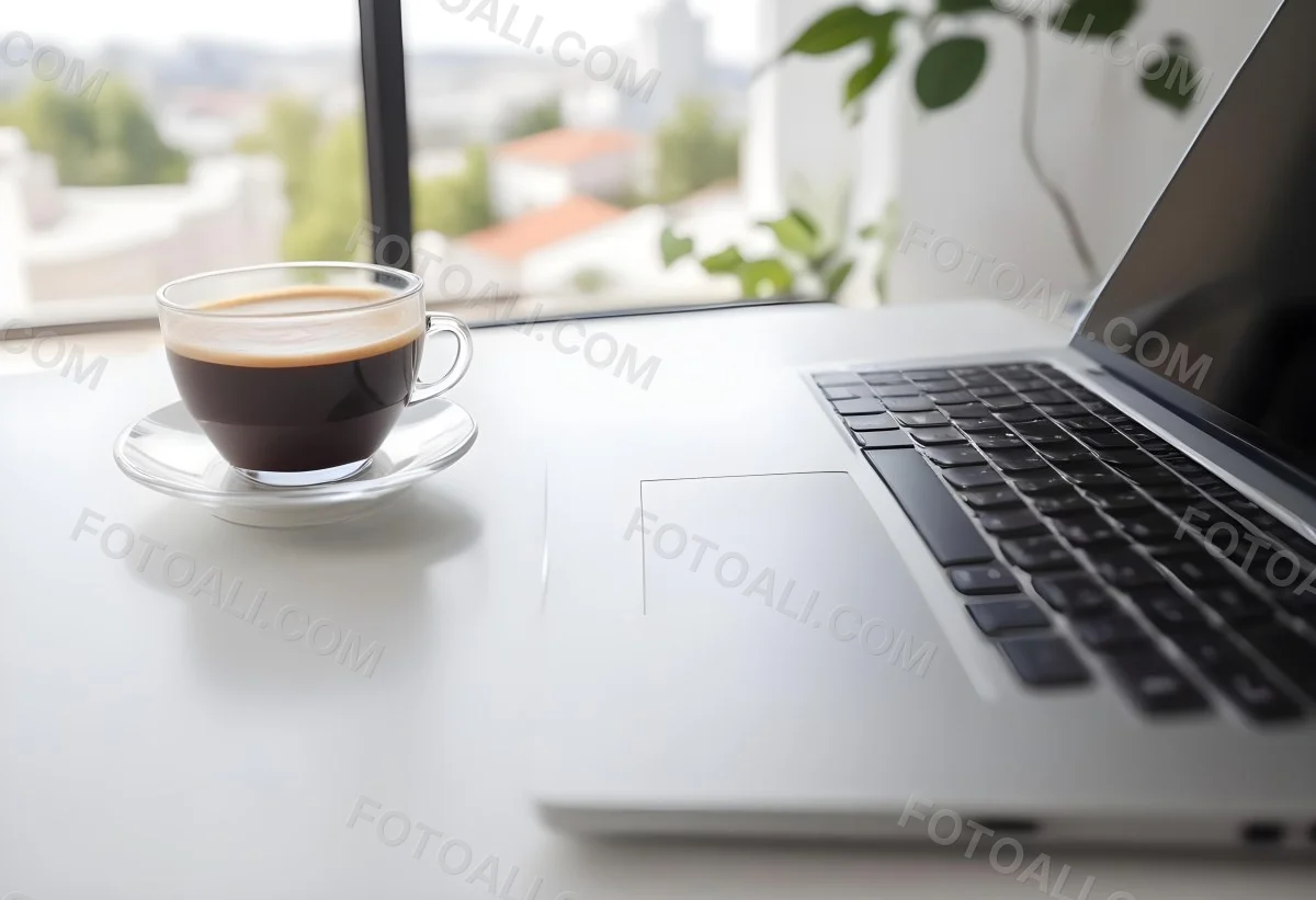 A Laptop And A Cup Of Coffee On A White Table In A Bright Environment With A Blurred Background 5 4f6e