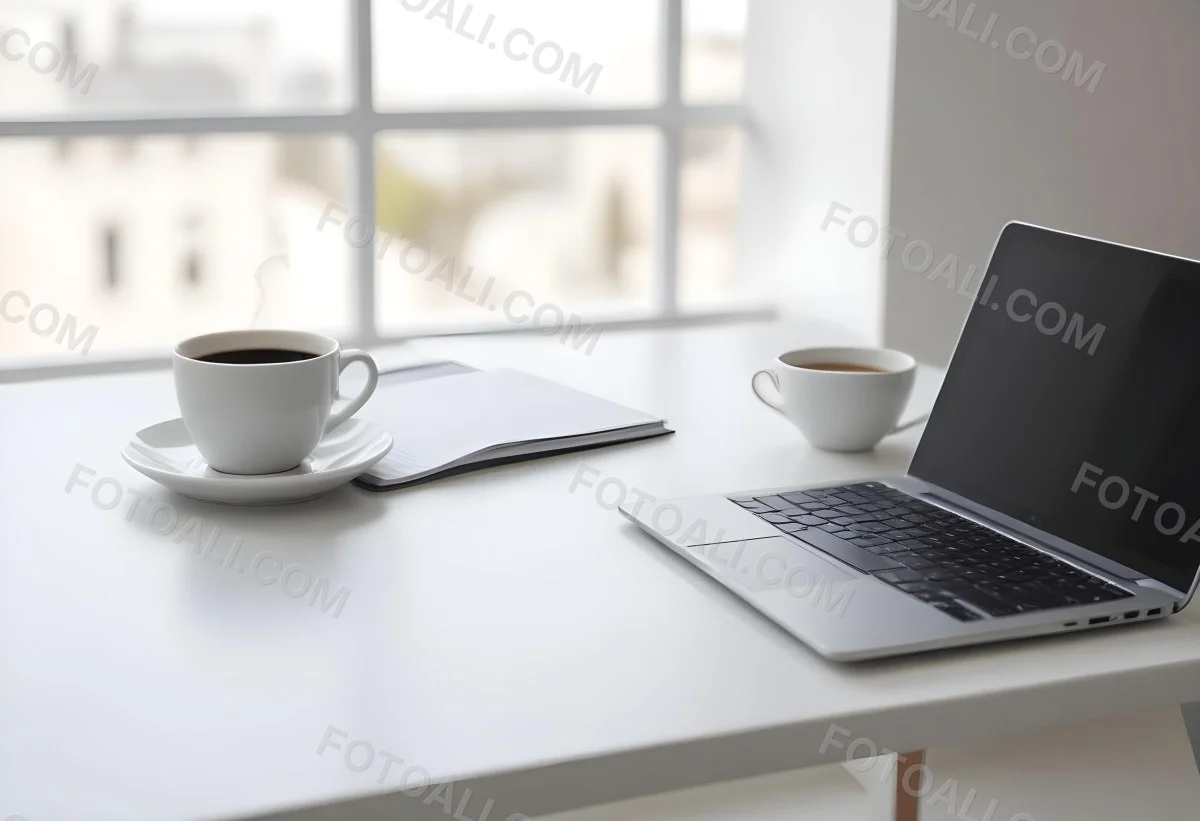 A Laptop And A Cup Of Coffee On A White Table In A Bright Environment With A Blurred Background 6 B4eb