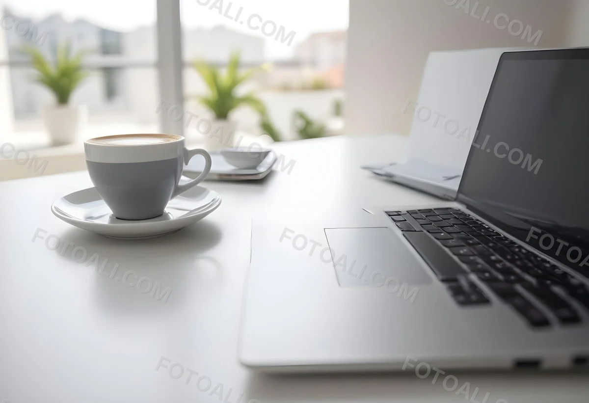 A Laptop And A Cup Of Coffee On A White Table In A Bright Environment With A Blurred Background 7 C2b3
