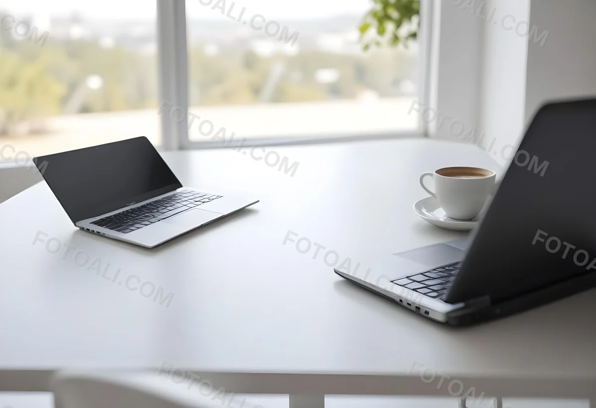A Laptop And A Cup Of Coffee On A White Table In A Bright Environment With A Blurred Background 9 8ed1