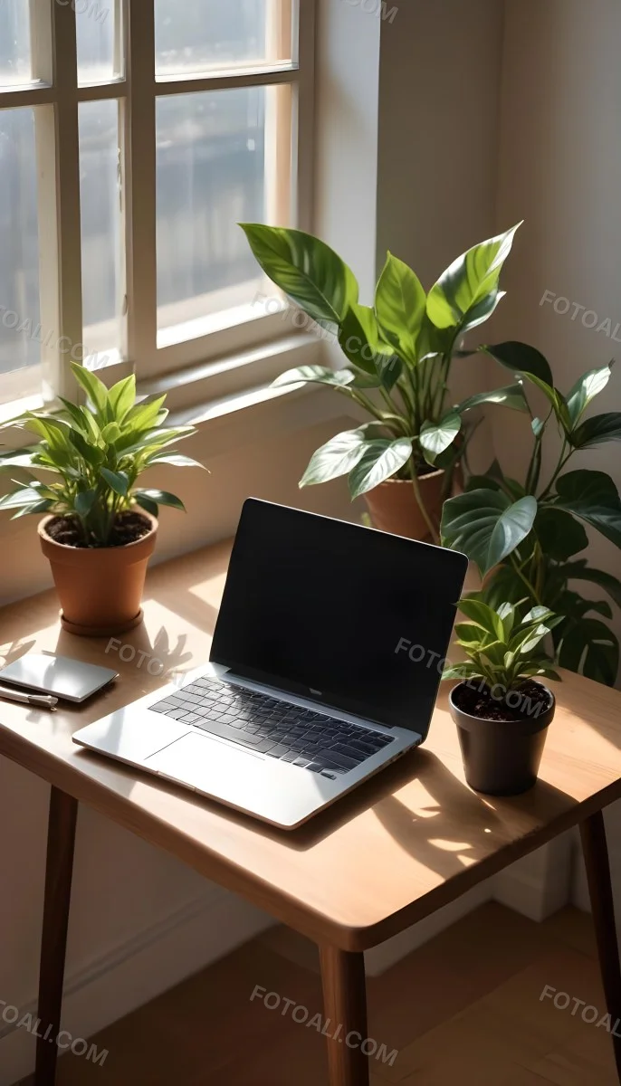 A Laptop On A Wooden Desk With A Potted Plant And Natural Light From A Window Casting Shadows On The Desk 11 Ffef