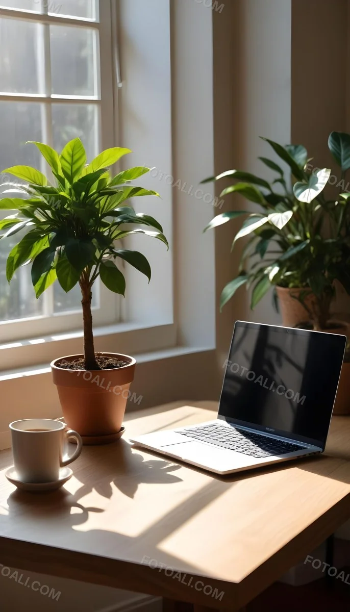 A Laptop On A Wooden Desk With A Potted Plant And Natural Light From A Window Casting Shadows On The Desk 13 94f9