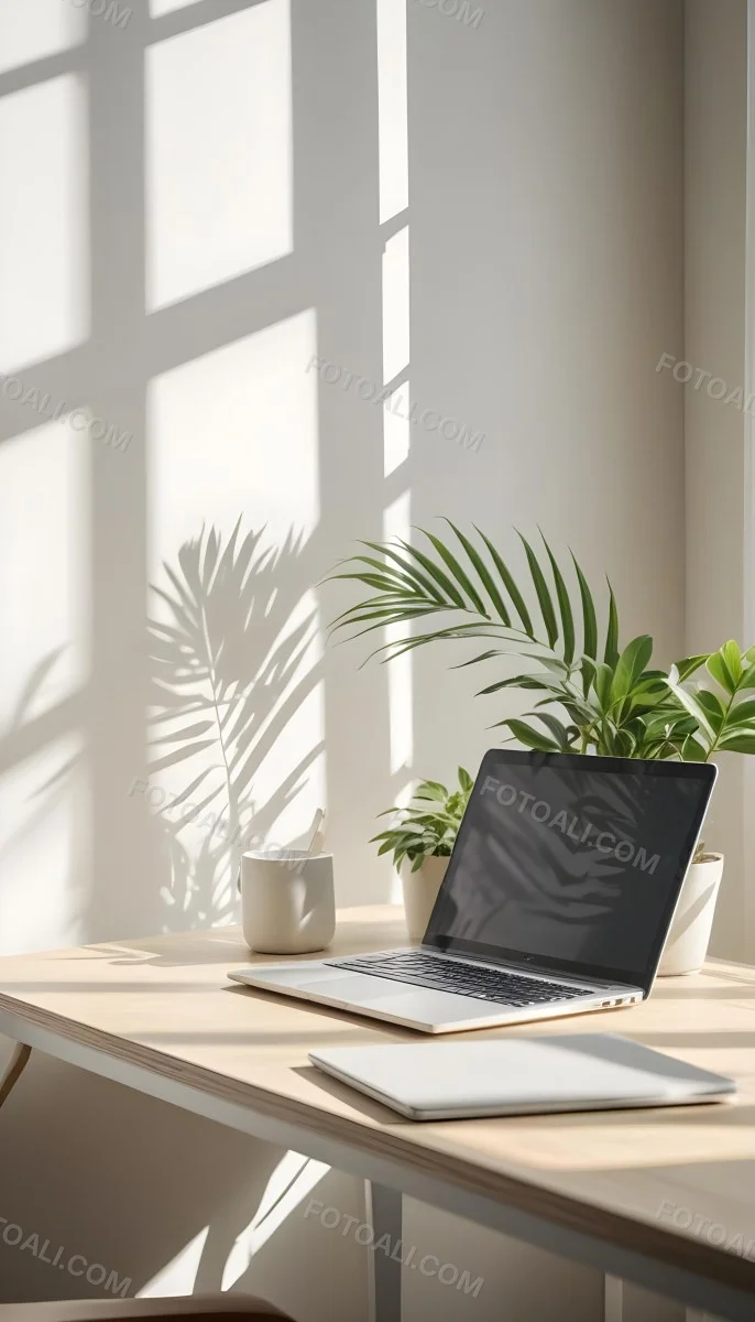 A Laptop On A Wooden Desk With A Potted Plant And Natural Light From A Window Casting Shadows On The Desk 16 951a