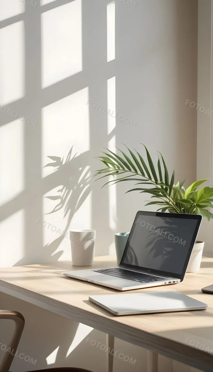 A Laptop On A Wooden Desk With A Potted Plant And Natural Light From A Window Casting Shadows On The Desk 17 Bd73