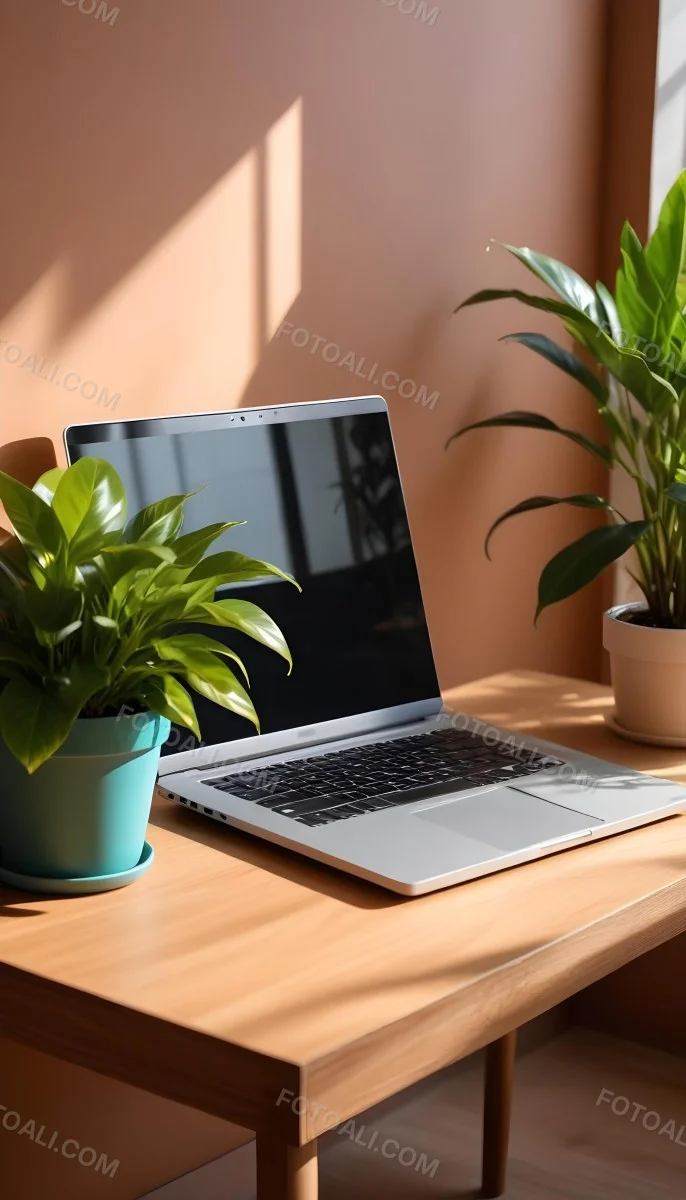 A Laptop On A Wooden Desk With A Potted Plant And Natural Light From A Window Casting Shadows On The Desk 5 Be8d