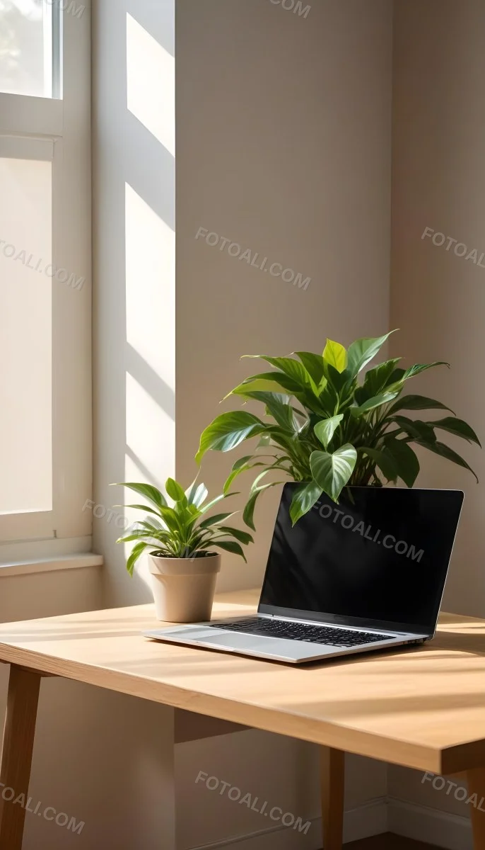 A Laptop On A Wooden Desk With A Potted Plant And Natural Light From A Window Casting Shadows On The Desk 6 3a64