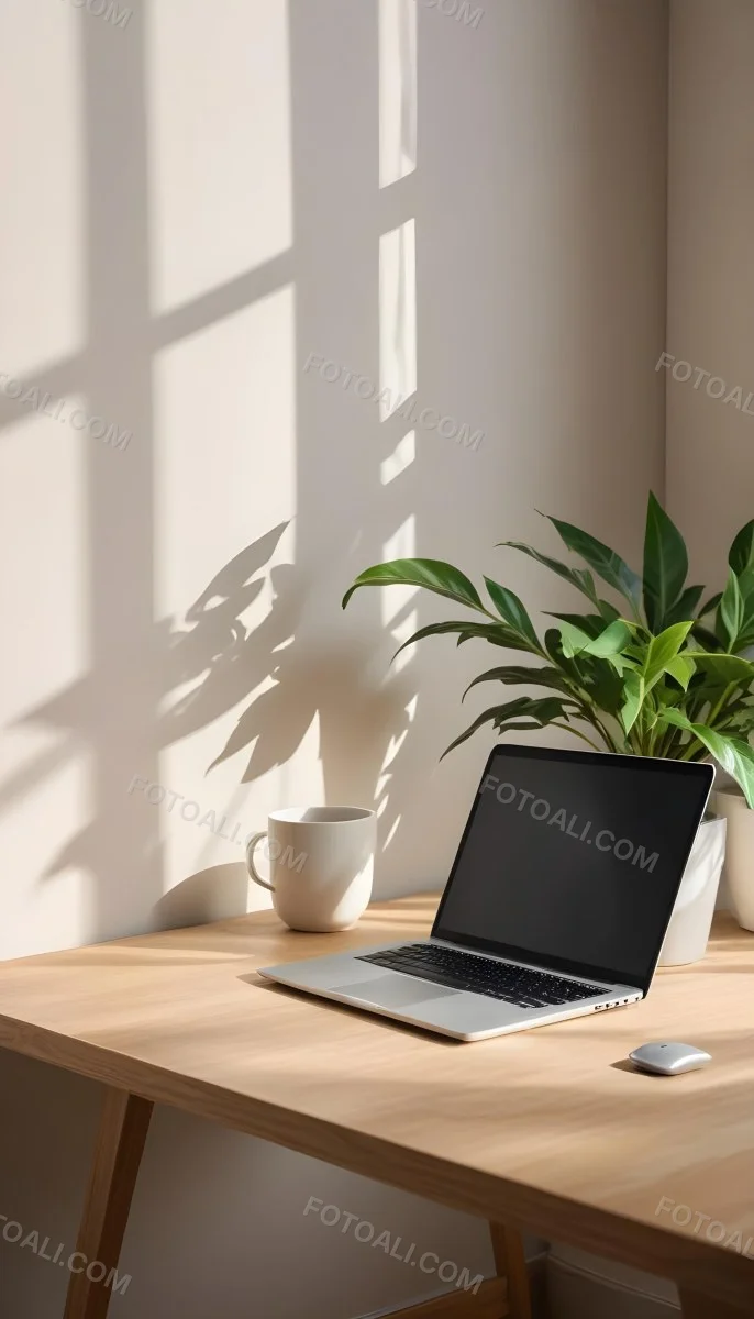 A Laptop On A Wooden Desk With A Potted Plant And Natural Light From A Window Casting Shadows On The Desk 7 5777
