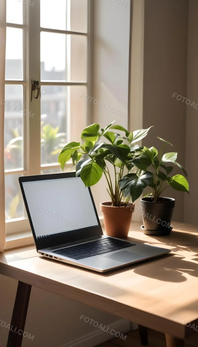 A Laptop On A Wooden Desk With A Potted Plant And Natural Light From A Window Casting Shadows On The Desk 8 2c2e
