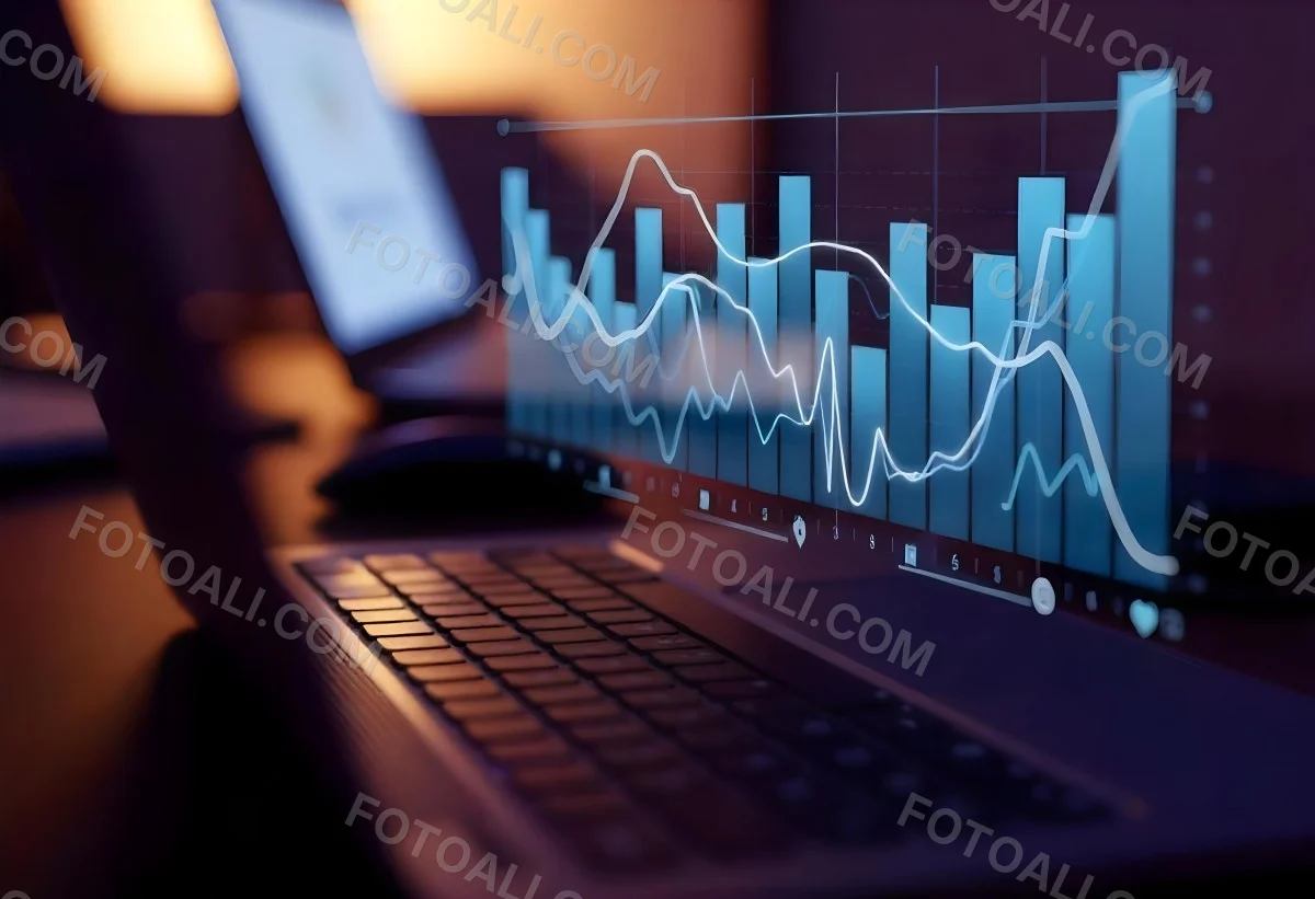 A Laptop With A Keyboard And A Screen Displaying Financial Data With A Bar Graph Overlayed On Top In An Office Environment 1 0eb1