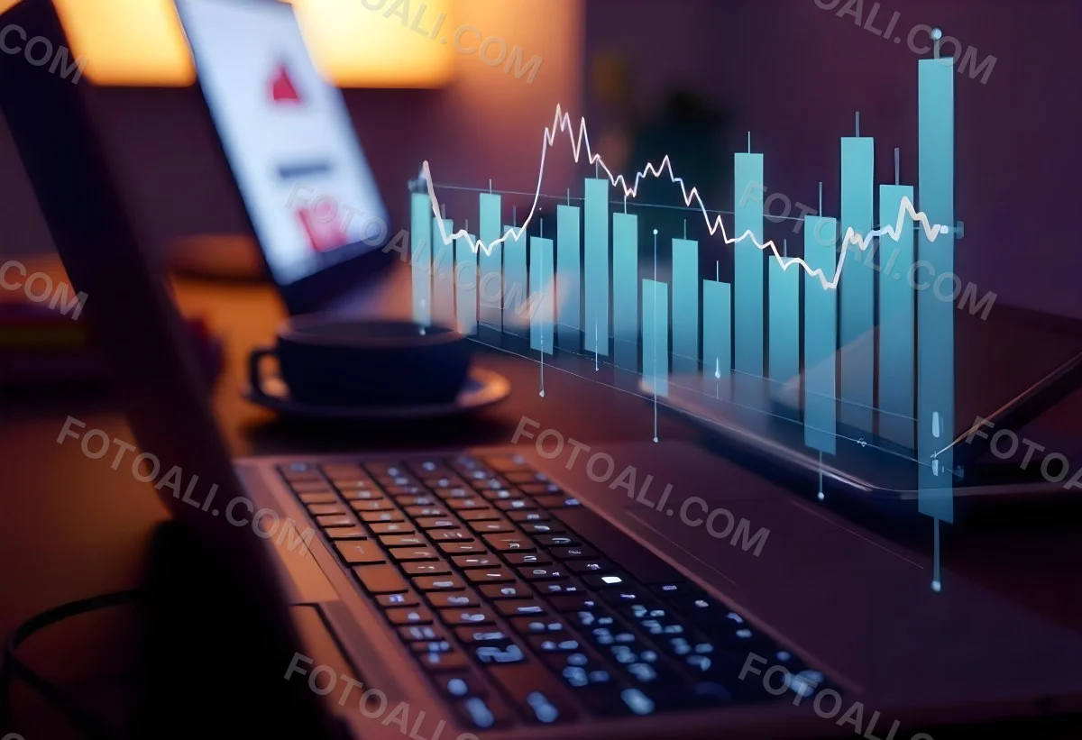 A Laptop With A Keyboard And A Screen Displaying Financial Data With A Bar Graph Overlayed On Top In An Office Environment 10 39b4