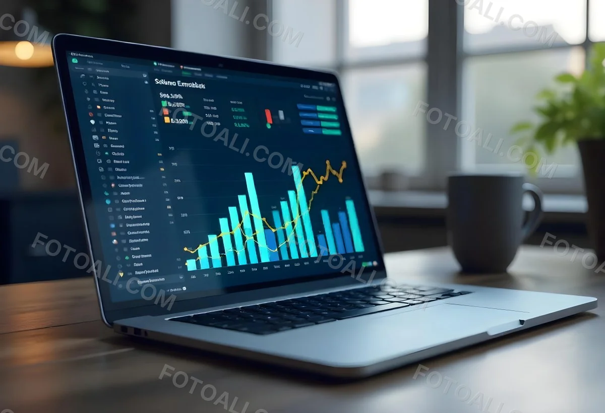 A Laptop With A Keyboard And A Screen Displaying Financial Data With A Bar Graph Overlayed On Top In An Office Environment 19 4ed2