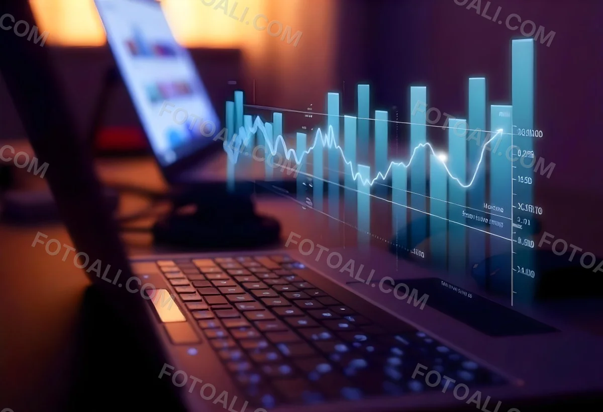 A Laptop With A Keyboard And A Screen Displaying Financial Data With A Bar Graph Overlayed On Top In An Office Environment 21 963c
