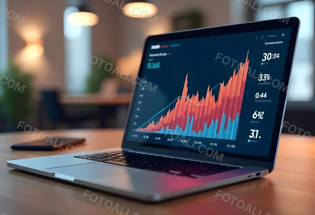 A Laptop With A Keyboard And A Screen Displaying Financial Data With A Bar Graph Overlayed On Top In An Office Environment 22 6979