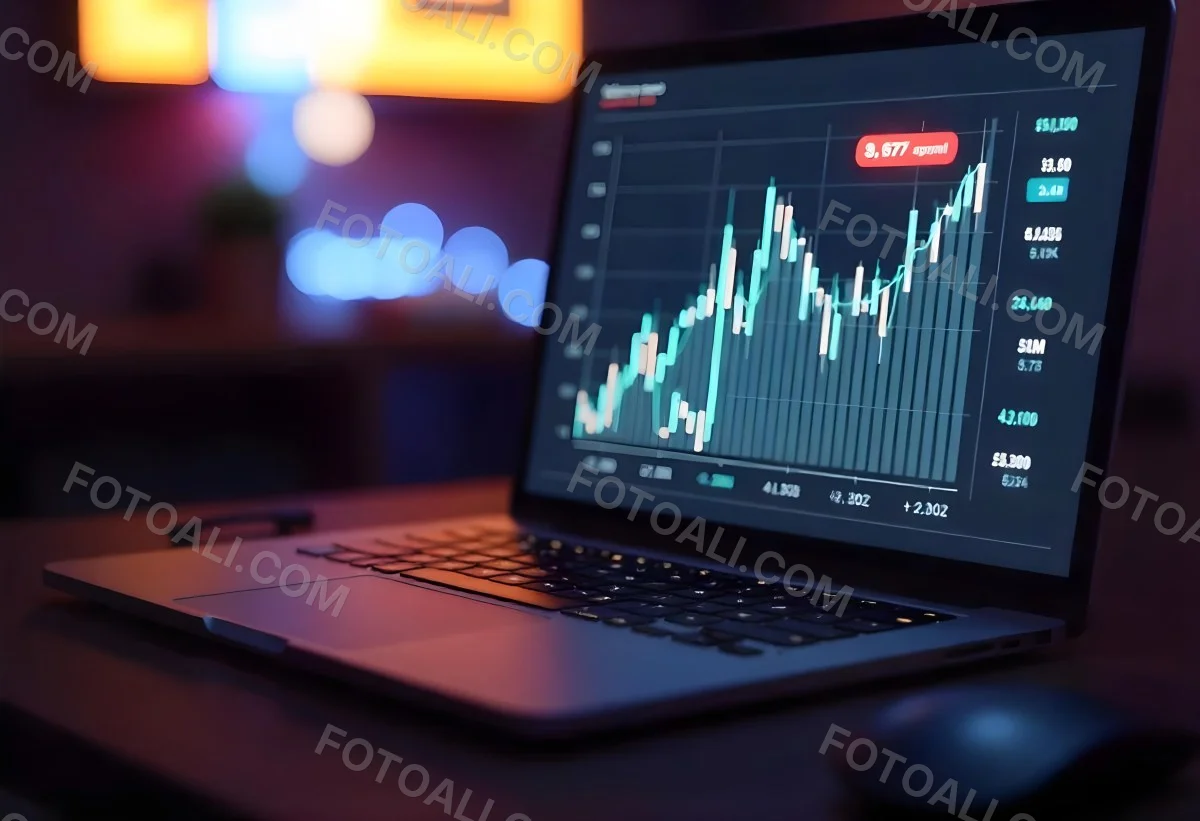 A Laptop With A Keyboard And A Screen Displaying Financial Data With A Bar Graph Overlayed On Top In An Office Environment 24 3221